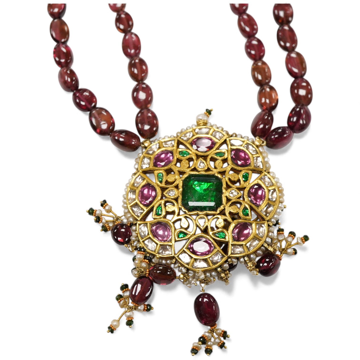 A tourmaline, emerald, seed pearl and diamond necklace, India, 20th century